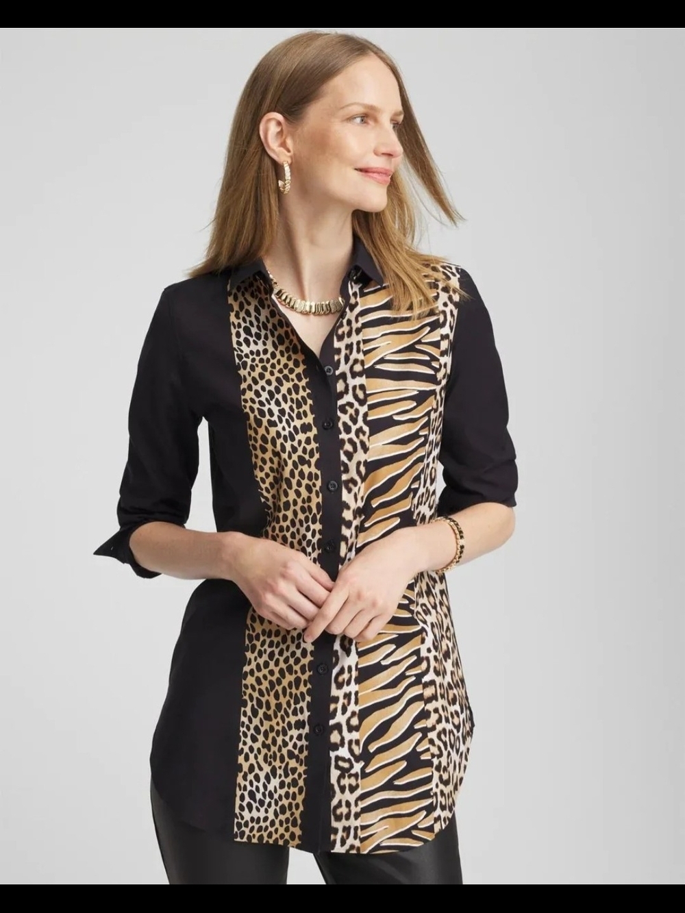 NWT Chico's No Iron Mixed Animal Print Button Down Shirt Size 16